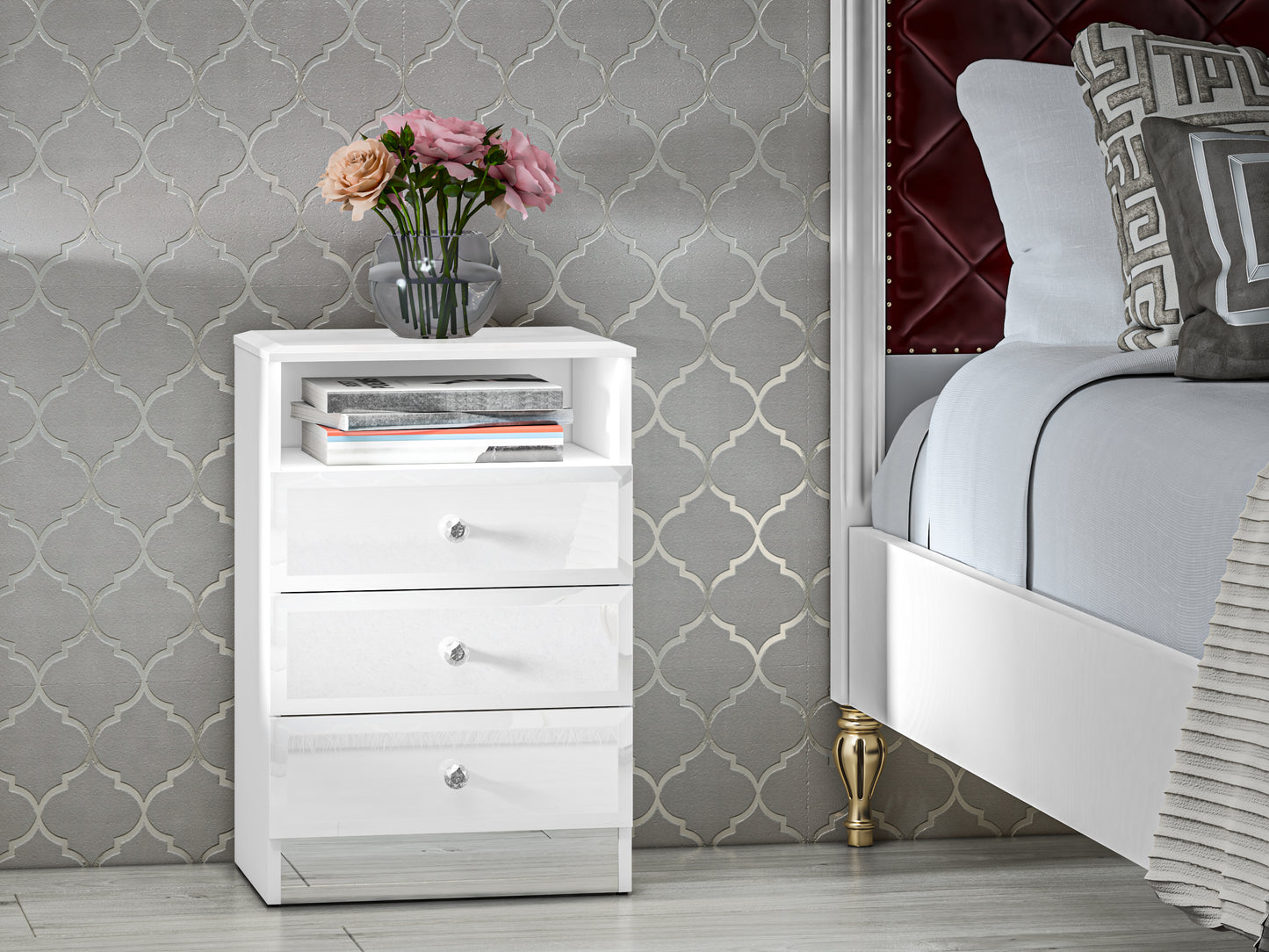 Glamour Nachtkommode Weiß HG/ Chrom