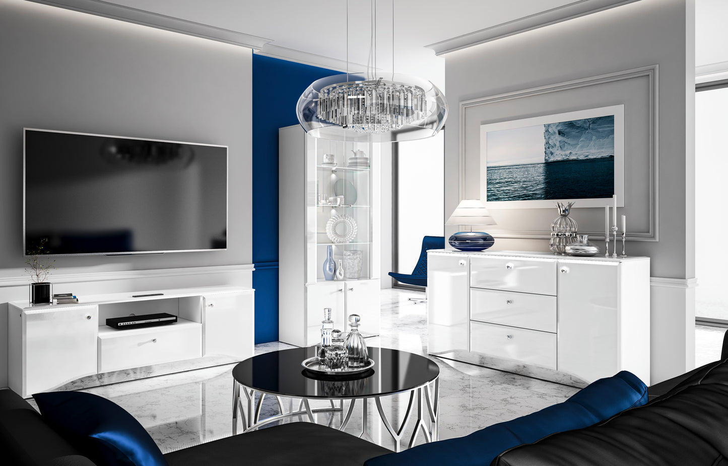 Glamour TV-Tisch Weiß HG/ Chrom