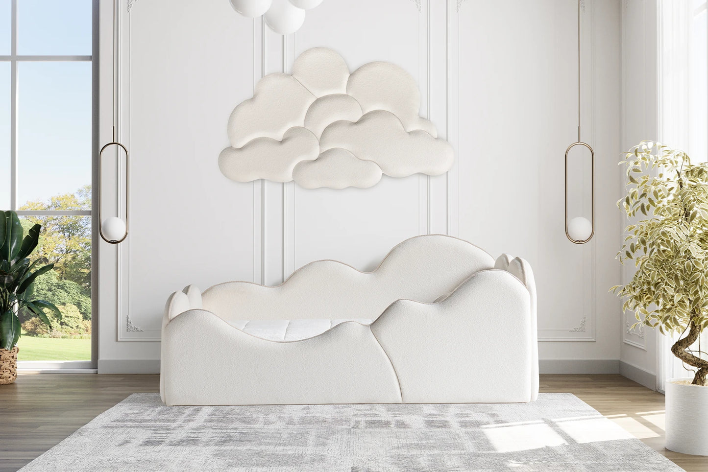 Kinderbett Noa (inkl. Wandpaneel) – Wolken-Design & Orthopädische Matratze