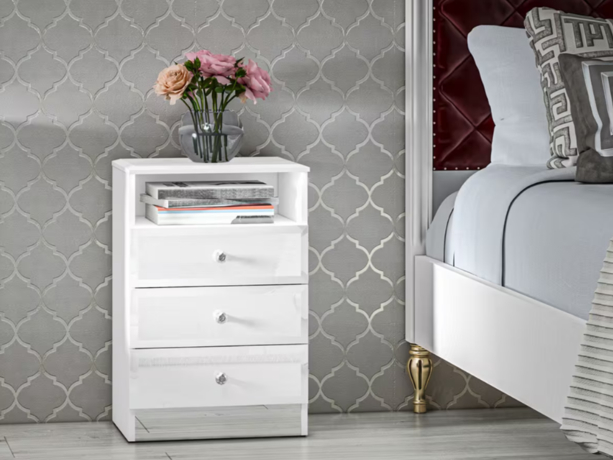 Glamour Nachtkommode Weiß HG/ Chrom