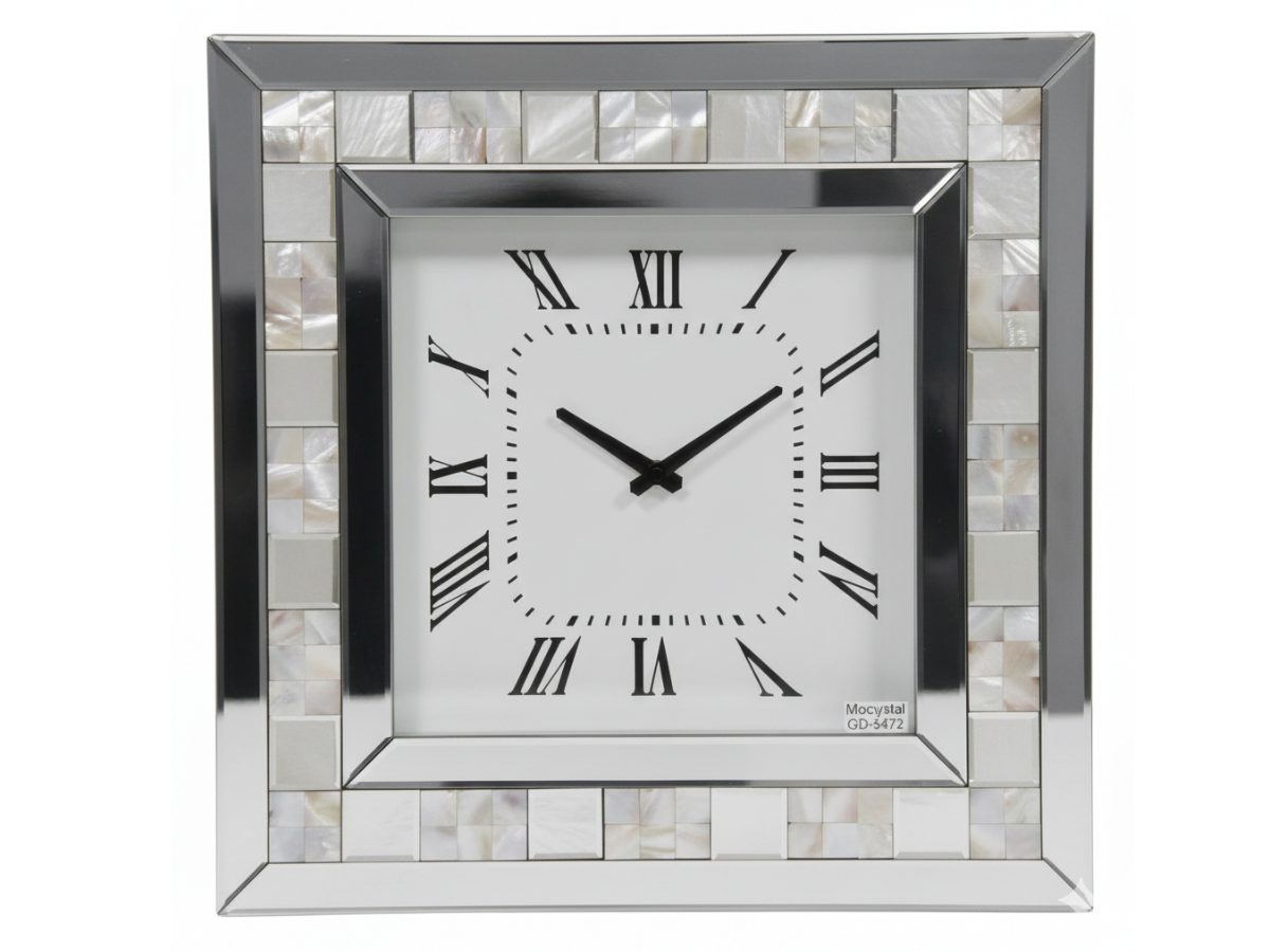 Kristall Wanduhr Silber Quadratisch 50cm mit Fliesenkante