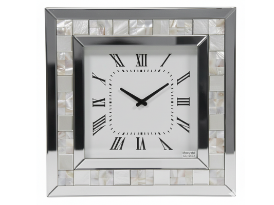 Kristall Wanduhr Silber Quadratisch 50cm mit Fliesenkante