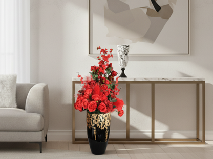 Blumen in Vase Rot/ Schwarz/ Gold